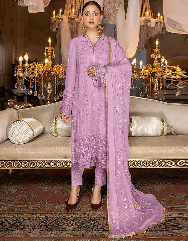 Heavy Designer Wedding Wear Salwar Kameez Lavender Georgette Pant Straight Front View